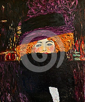 Oil painting on canvas. A beautiful red-haired girl. Free copy based on Klimt`s famous painting - A Lady in a Hat and Feather Boa