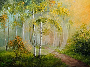Oil painting on canvas - birch forest, abstract drawing