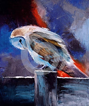 Oil painting on canvas, depicting a barn owl