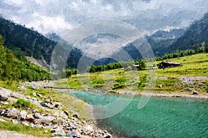 Oil painting canvas of Gerlos river in Zillertal Austria. Summer time. Stream flowing through valley