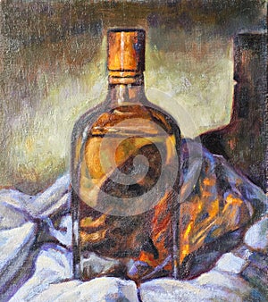 Oil painting on canvas of a glass bottle