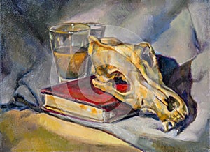 Oil painting on canvas of a glass cup, a book and a skull