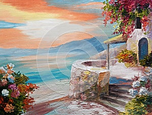 Oil painting on canvas - Greek embankment photo