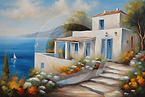 Oil painting on canvas house near the sea summer canvas greek