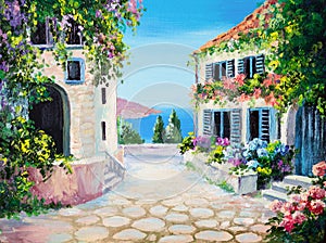 Oil painting on canvas - house near the sea photo