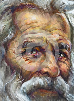 oil painting on canvas of an old man with a white beard