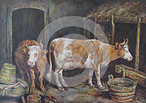 Oil painting on canvas of a stable and its cows