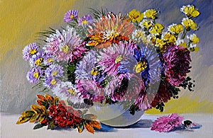 Oil painting on canvas - still life flowers on the table, art work photo