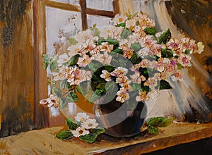 Oil painting on canvas - still life flowers on the table, art work