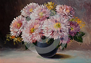 Oil painting on canvas - still life flowers on the table, art work photo