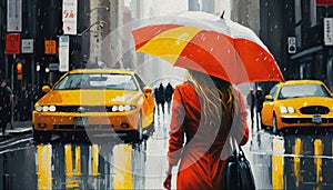 oil painting on canvas, street view of New York, woman under an red umbrella