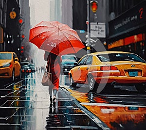 oil painting on canvas, street view of New York, woman under an red umbrella, ai generated