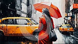 oil painting on canvas, street view of New York, woman under an red umbrella - ai generated