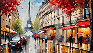 oil painting on canvas, street view of Paris. Artwork. eiffel tower .