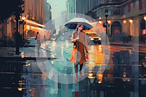 Oil painting on canvas, of a stylish woman with an umbrella wearing a fashionable raincoat and boots walking down a wet city