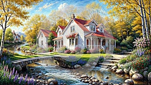 Oil painting on canvas summer landscape with wooden old house near river, beautiful flowers and trees