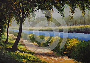 Oil painting on canvas sunny road in spring park forest