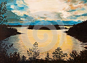 Oil painting on canvas - sunset on the lake, abstract drawing