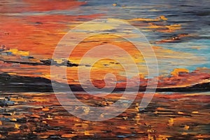 Oil painting on canvas of sunset over the sea with reflection in water
