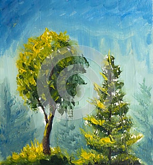 Oil painting on canvas two sunny green trees on a blue turquoise defocused background.