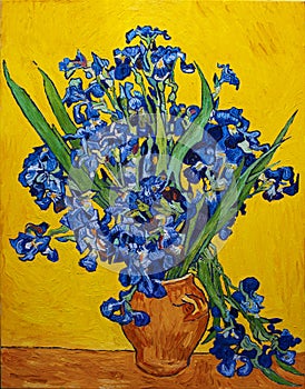 Oil painting on canvas. Vase with irises on a yellow background. Free copy based the famous painting by Vincent Van Gogh photo