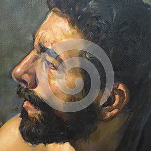 Oil painting on canvas of a young man with a beard