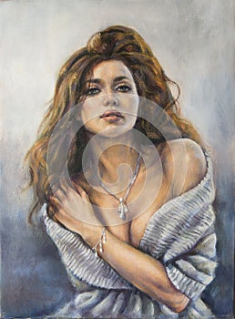 Oil painting on canvas of a young woman