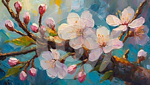 Oil painting of cherry blossom branch. Spring or summer season. Abstract floral composition