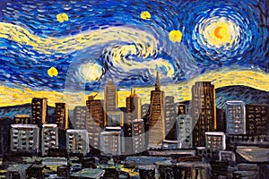 Oil Painting - City View of San Francisco with Starry Night Sky