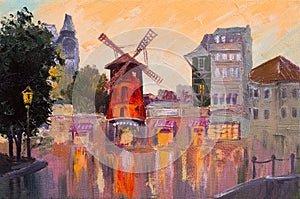 Oil painting cityscape - Moulin rouge, Paris, France. colorful. photo