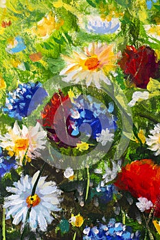 Oil painting close-up flower. Big flowers closeup macro on canvas. Modern Impressionism. Impasto artwork.