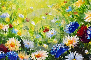 Oil painting close-up flower. Big flowers closeup macro on canvas. Modern Impressionism. Impasto artwork.