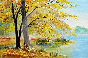 Oil painting - colorful autumn forest and lake