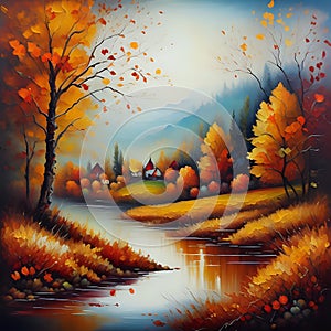 Oil painting colorful autumn landscape background - generated by ai