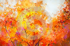 Oil painting colorful autumn season. Semi abstract image of forest, trees with yellow and red leaf with oil paint.