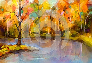 Oil painting colorful autumn trees. Fall season nature background.