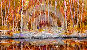 Oil painting colorful autumn trees. Semi abstract image of forest, aspen trees with yellow - red leaf and lake.