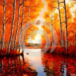 Oil painting colorful autumn trees. Semi abstract image of forest, aspen trees with yellow - red leaf and lake.