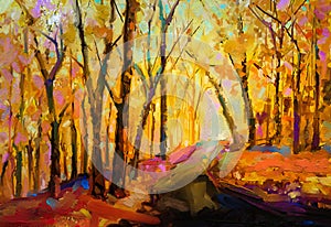 Oil painting colorful autumn trees. Semi abstract image of forest, aspen trees with yellow - red leaf.