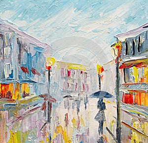 oil painting, couple of lovers under an umbrella, walking on the street