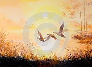 Oil painting-Cranes at sunset, art work