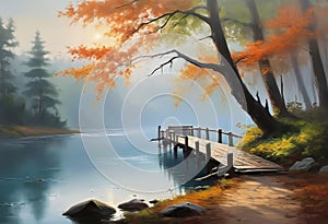 Oil painting, creative beautiful landscape forest edge on the shore of a lake with a thin wooden