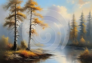 Oil painting, creative beautiful landscape forest edge on the shore of a lake with a thin wooden
