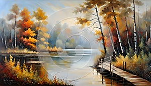 Oil painting, creative beautiful landscape forest edge on the shore of a lake with a thin wooden