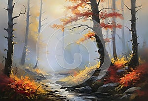 Oil painting, creative beautiful landscape forest edge on the shore of a lake with a thin wooden