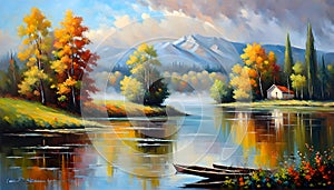 Oil painting, creative beautiful landscape over water in autumn, yellow leaves, golden autumn,