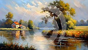 Oil painting, creative beautiful landscape over water in autumn, yellow leaves, golden autumn,