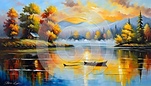 Oil painting, creative beautiful landscape over water in autumn, yellow leaves, golden autumn,