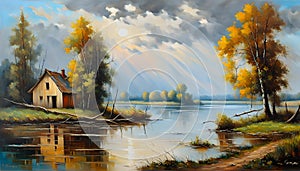 Oil painting, creative beautiful landscape over water in autumn, yellow leaves, golden autumn,