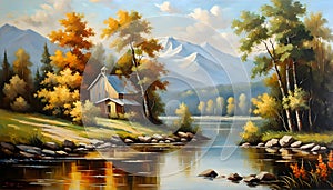 Oil painting, creative beautiful landscape over water in autumn, yellow leaves, golden autumn,